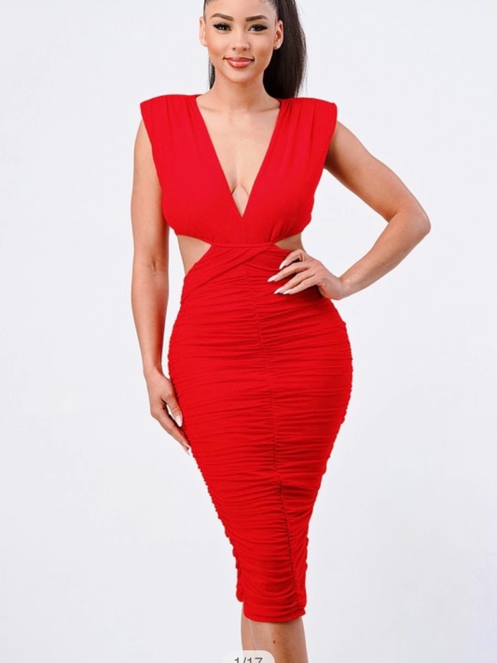 Red Ruched Cutout V-Neck Midi Dress